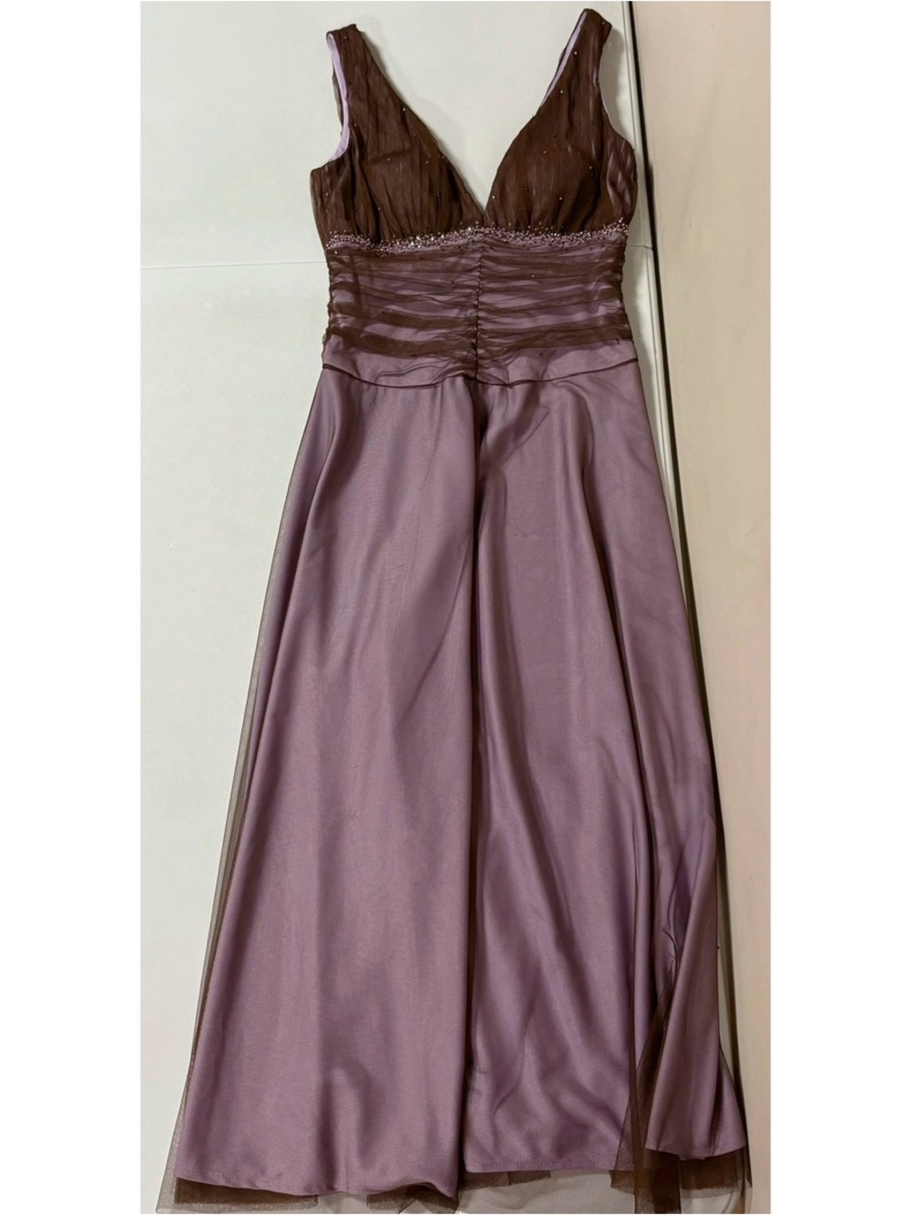 Brown Purple Beaded Ruched Mesh Overlay Prom Formal Maxi Dress Gown Size 8 💜🤎✨